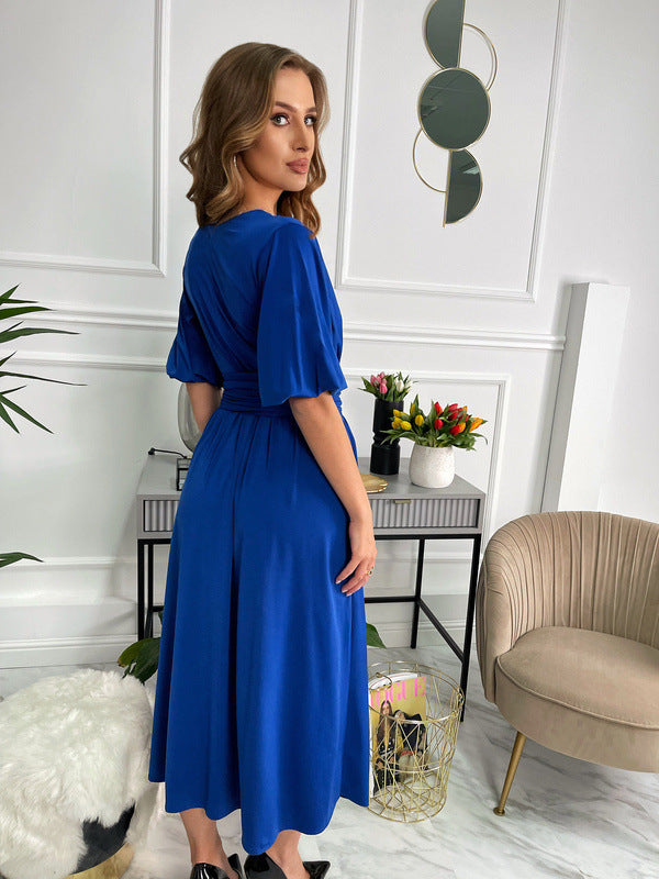 Women's Solid Color And V-neck Lantern Sleeve Waist-tight Maxi Self-tie Slit Dress - ANIBEY