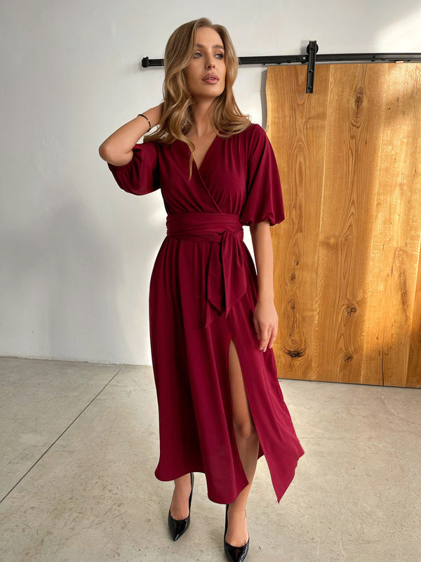 Women's Solid Color And V-neck Lantern Sleeve Waist-tight Maxi Self-tie Slit Dress - ANIBEY