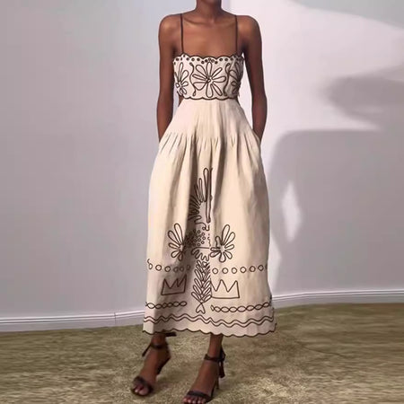 Women's Vintage Embroidered Linen Sling Fashion Hollowed-out Sleeveless Pocket Dress - ANIBEY