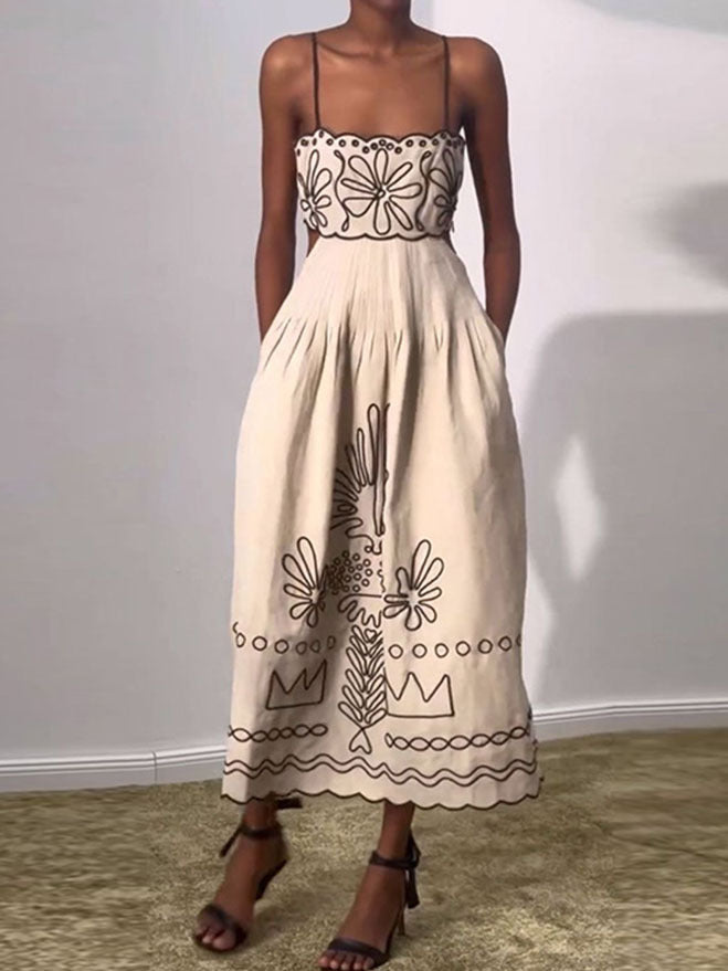 Women's Vintage Embroidered Linen Sling Fashion Hollowed-out Sleeveless Pocket Dress - ANIBEY