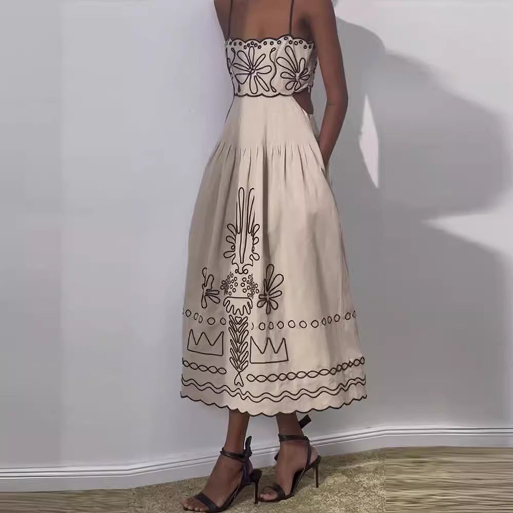 Women's Vintage Embroidered Linen Sling Fashion Hollowed-out Sleeveless Pocket Dress - ANIBEY