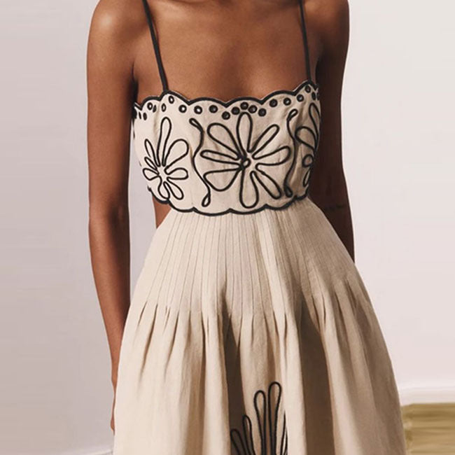 Women's Vintage Embroidered Linen Sling Fashion Hollowed-out Sleeveless Pocket Dress - ANIBEY