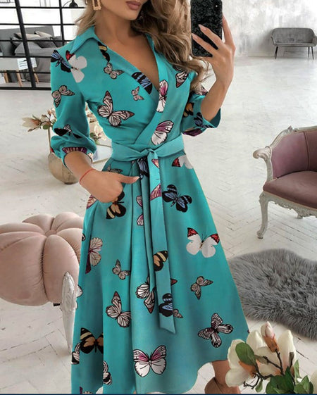Sexy Fashion Long-sleeved Deep V-neck Print Bag Hip Irregular Party Dress Women - ANIBEY