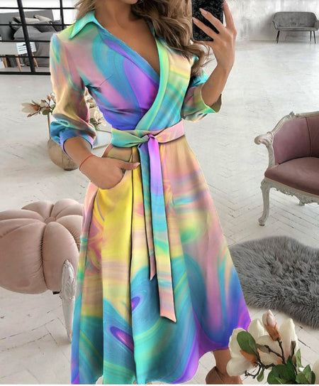 Sexy Fashion Long-sleeved Deep V-neck Print Bag Hip Irregular Party Dress Women - ANIBEY