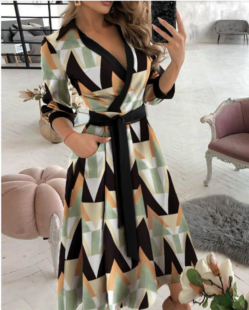 Sexy Fashion Long-sleeved Deep V-neck Print Bag Hip Irregular Party Dress Women - ANIBEY