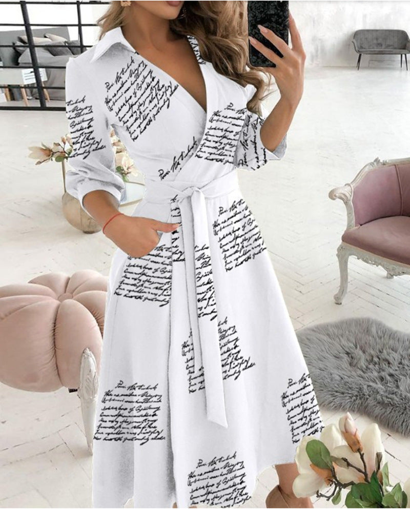 Sexy Fashion Long-sleeved Deep V-neck Print Bag Hip Irregular Party Dress Women - ANIBEY
