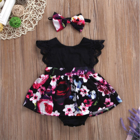 Foreign Trade European Beauty Baby One-Piece Ha Skirt Romper Summer Short-Sleeved New Style Flying Sleeve Flower Children's Print - ANIBEY