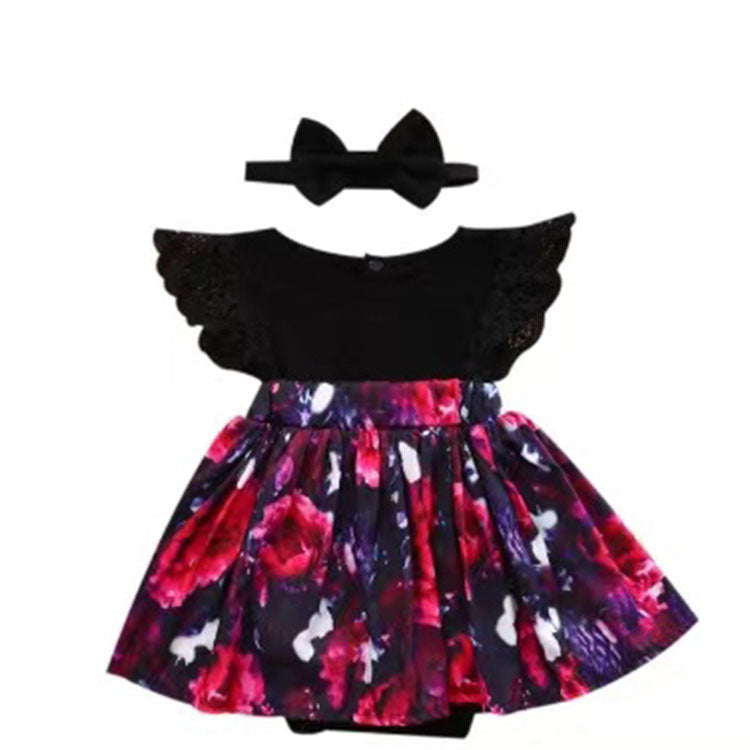 Foreign Trade European Beauty Baby One-Piece Ha Skirt Romper Summer Short-Sleeved New Style Flying Sleeve Flower Children's Print - ANIBEY