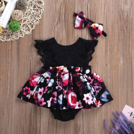 Foreign Trade European Beauty Baby One-Piece Ha Skirt Romper Summer Short-Sleeved New Style Flying Sleeve Flower Children's Print - ANIBEY