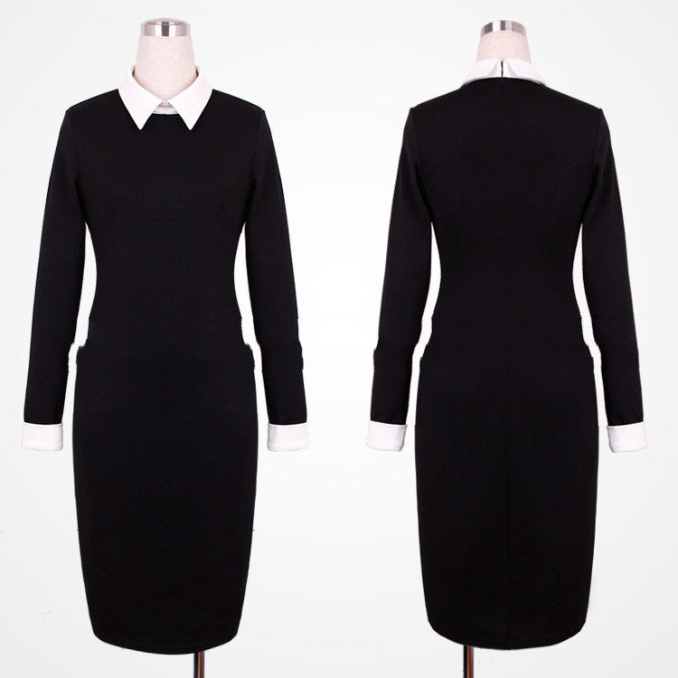 Cross-Border Black And White Long-Sleeved Lapel Slim Fit Hip Dress Pencil - ANIBEY