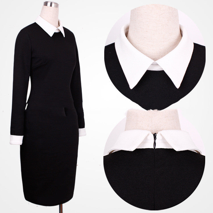 Cross-Border Black And White Long-Sleeved Lapel Slim Fit Hip Dress Pencil - ANIBEY