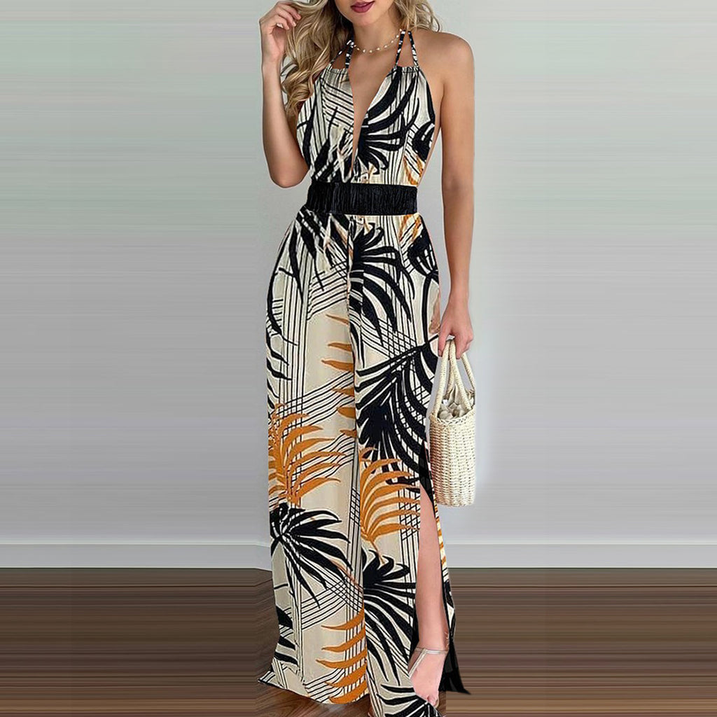 Halter Colorful High-waisted Wide-leg Jumpsuit - ANIBEY