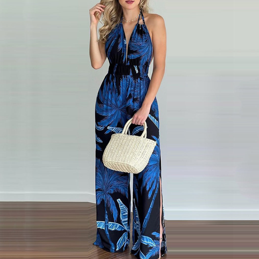 Halter Colorful High-waisted Wide-leg Jumpsuit - ANIBEY