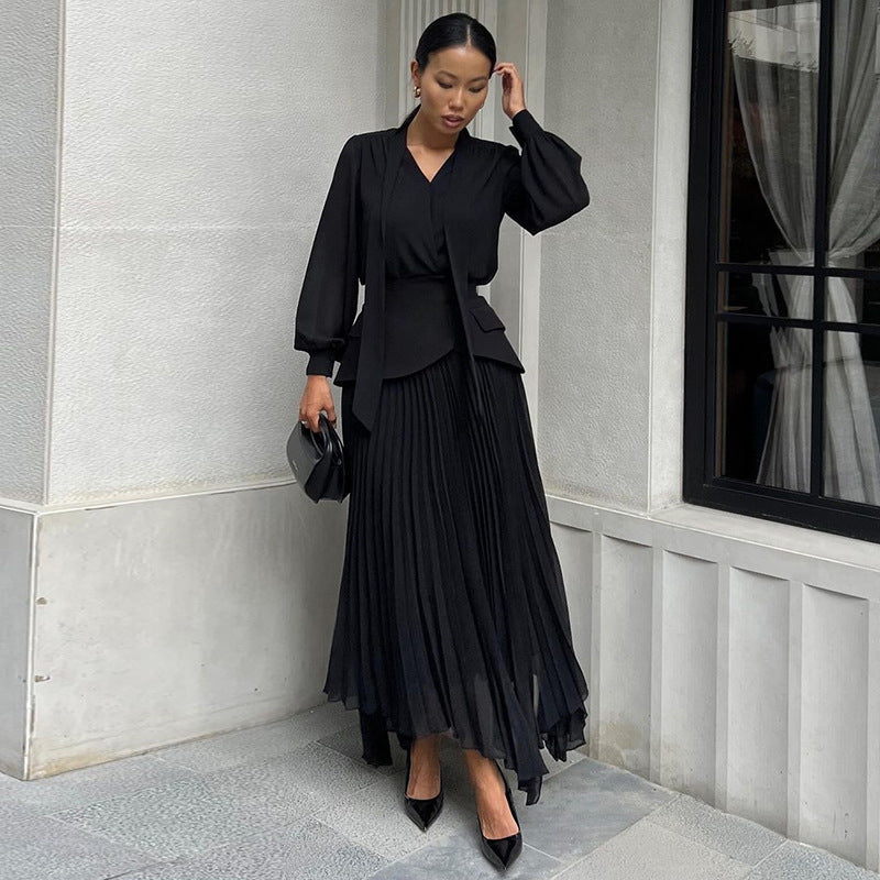 Lady Temperament Lace-up Waist-tight Irregular Pleated Belt Waist Seal Dress - ANIBEY