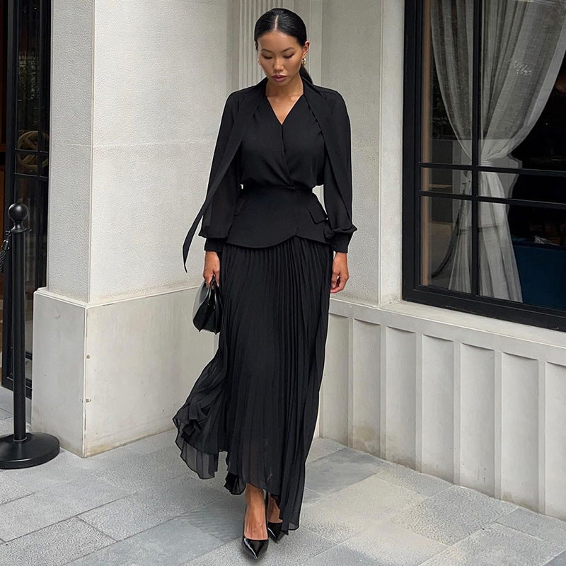 Lady Temperament Lace-up Waist-tight Irregular Pleated Belt Waist Seal Dress - ANIBEY