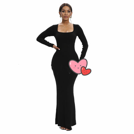 Light Belly Contracting Dress Thread Cloth Two-in-one Long Sleeve U-neck Body Shaping Dress - ANIBEY