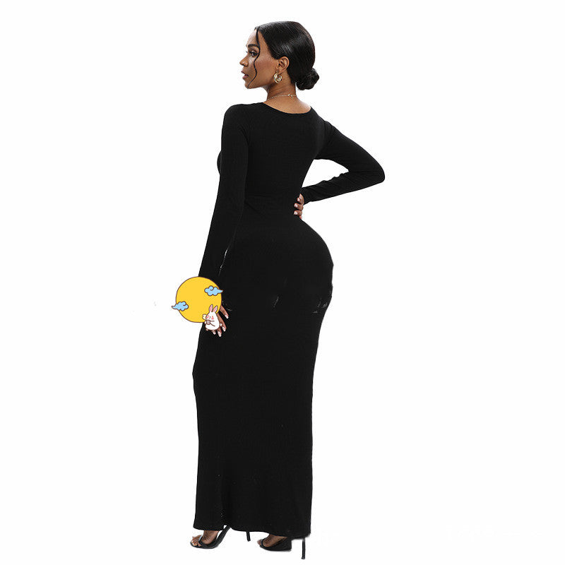 Light Belly Contracting Dress Thread Cloth Two-in-one Long Sleeve U-neck Body Shaping Dress - ANIBEY