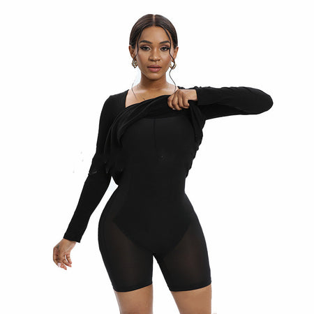 Light Belly Contracting Dress Thread Cloth Two-in-one Long Sleeve U-neck Body Shaping Dress - ANIBEY