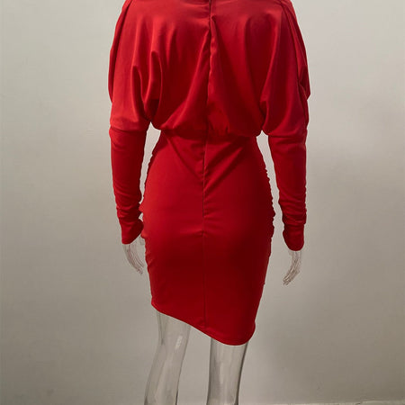 Long Sleeve V-neck Sexy Waist Bag Hip Dress - ANIBEY