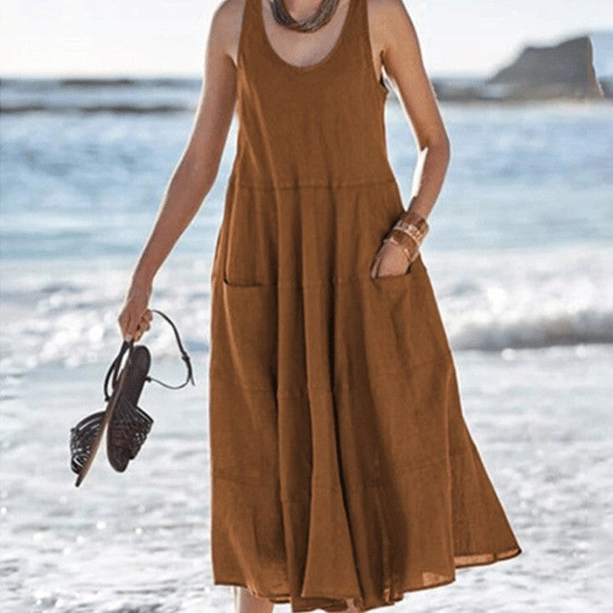 Multi-layer Cotton And Linen Sleeveless Long U-neck Pocket Dress - ANIBEY
