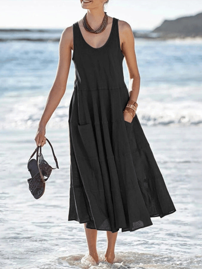 Multi-layer Cotton And Linen Sleeveless Long U-neck Pocket Dress - ANIBEY