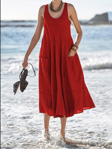 Multi-layer Cotton And Linen Sleeveless Long U-neck Pocket Dress - ANIBEY