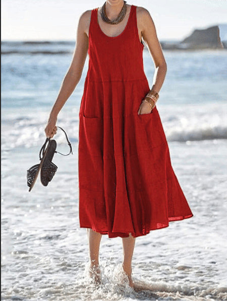 Multi-layer Cotton And Linen Sleeveless Long U-neck Pocket Dress - ANIBEY