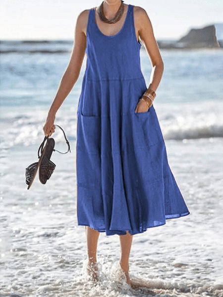 Multi-layer Cotton And Linen Sleeveless Long U-neck Pocket Dress - ANIBEY