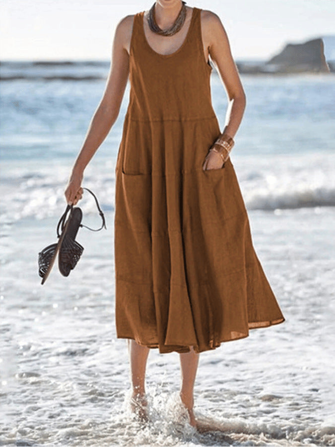 Multi-layer Cotton And Linen Sleeveless Long U-neck Pocket Dress - ANIBEY
