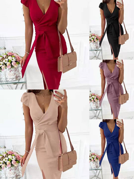 Pure Color Fashion V-neck Puff Sleeve Knee-length Elegant Bag Hip Lace Dress Women - ANIBEY