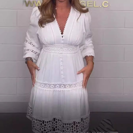 Retro Hollow Lace Stitching Solid Color Round Neck Loose Plus Size Long Dress - ANIBEY