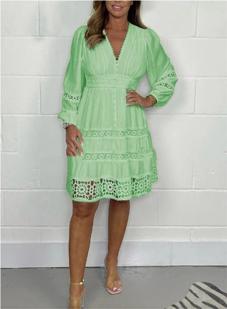 Retro Hollow Lace Stitching Solid Color Round Neck Loose Plus Size Long Dress - ANIBEY