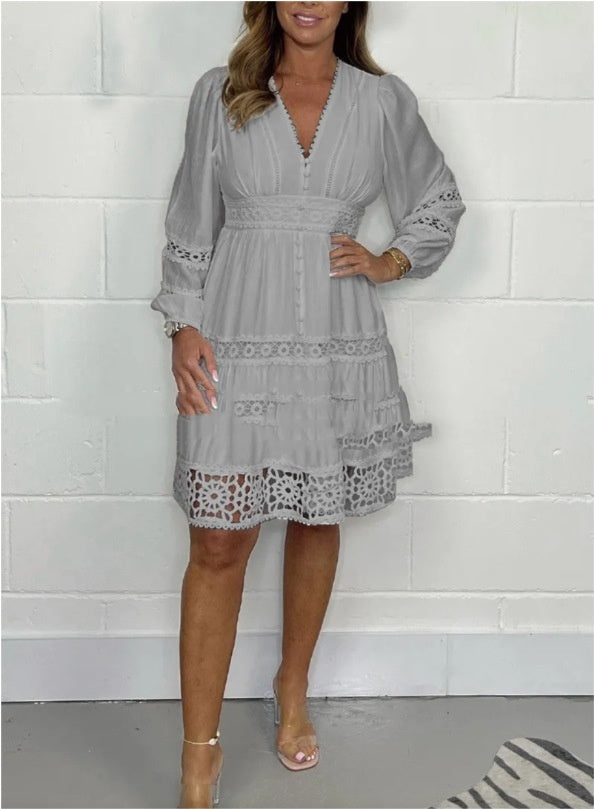 Retro Hollow Lace Stitching Solid Color Round Neck Loose Plus Size Long Dress - ANIBEY