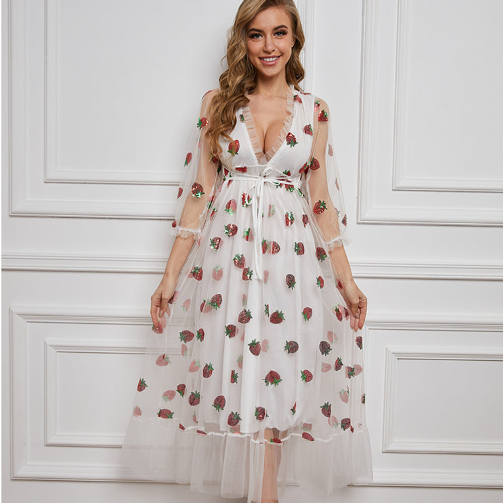 Sequin Embroidery Autumn And Winter Long-sleeved French Dress With Ruffles - ANIBEY