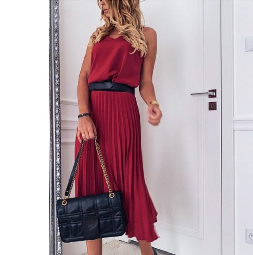 Solid Color Pleated Maxi Skirt With Sexy Suspenders - ANIBEY