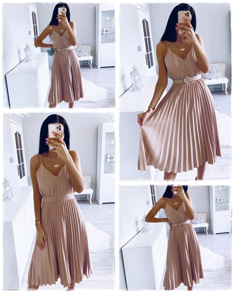 Solid Color Pleated Maxi Skirt With Sexy Suspenders - ANIBEY
