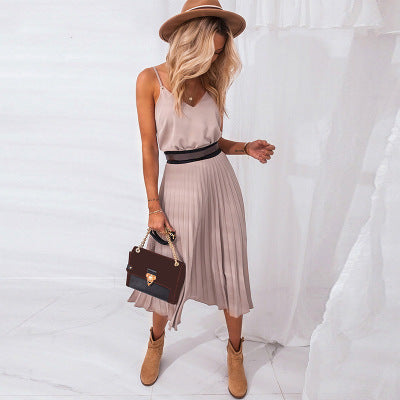 Solid Color Pleated Maxi Skirt With Sexy Suspenders - ANIBEY