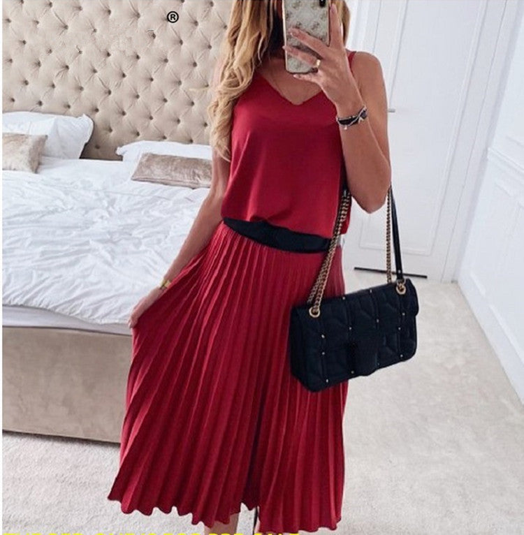 Solid Color Pleated Maxi Skirt With Sexy Suspenders - ANIBEY