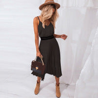 Solid Color Pleated Maxi Skirt With Sexy Suspenders - ANIBEY