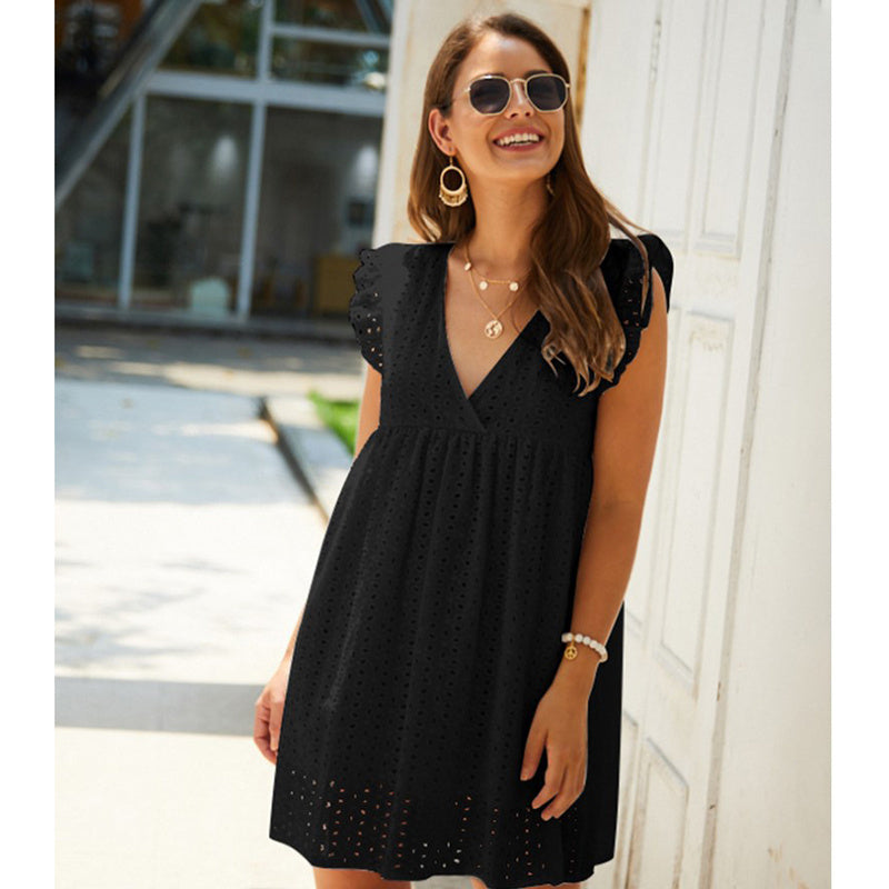 Summer V-neck Cotton Short Skirt Solid Color Dress - ANIBEY