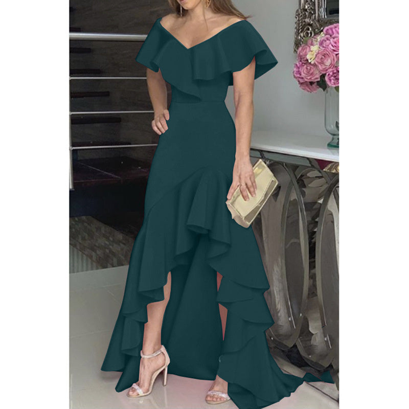 Temperament Sexy V-neck Irregular Solid Color Hem Ruffled Personality Design Ladies Dress - ANIBEY