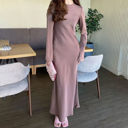 Women's Clothing Temperament Pure Color Long Sleeve Round Neck Waist Trimming Sheath French Dress - ANIBEY