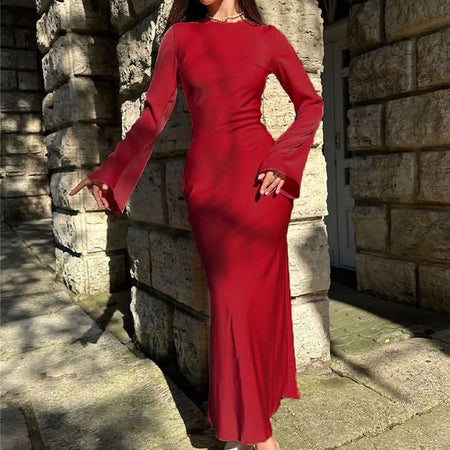 Women's Clothing Temperament Pure Color Long Sleeve Round Neck Waist Trimming Sheath French Dress - ANIBEY