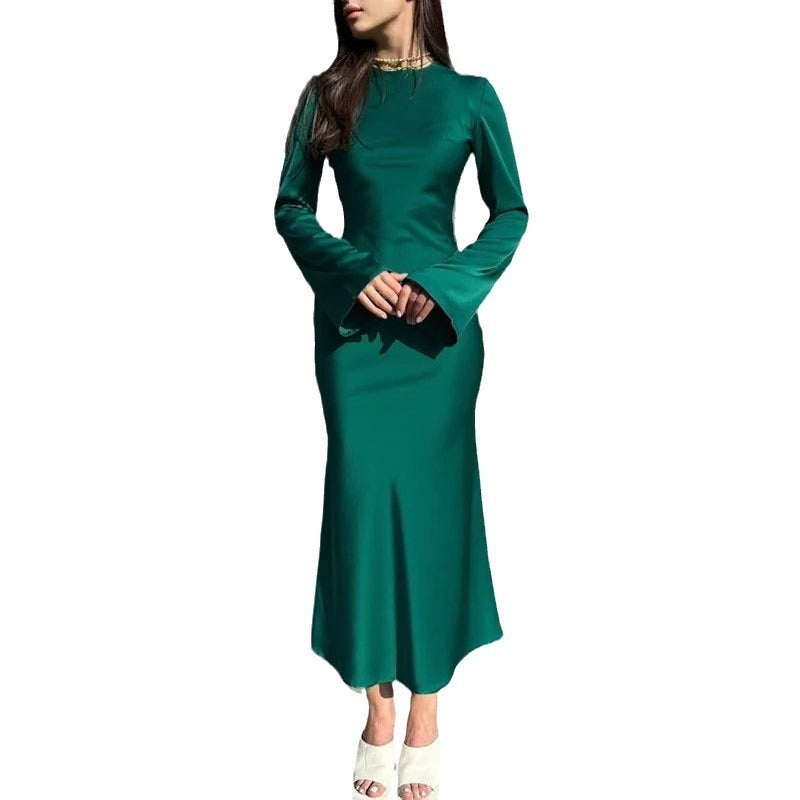 Women's Clothing Temperament Pure Color Long Sleeve Round Neck Waist Trimming Sheath French Dress - ANIBEY