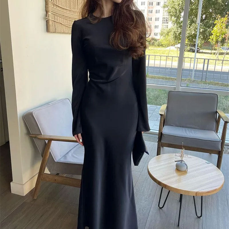Women's Clothing Temperament Pure Color Long Sleeve Round Neck Waist Trimming Sheath French Dress - ANIBEY