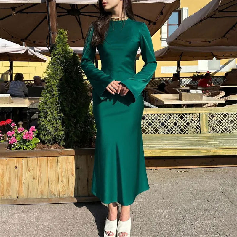 Women's Clothing Temperament Pure Color Long Sleeve Round Neck Waist Trimming Sheath French Dress - ANIBEY