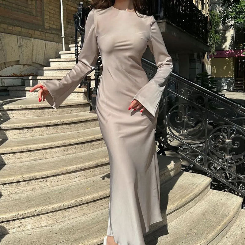 Women's Clothing Temperament Pure Color Long Sleeve Round Neck Waist Trimming Sheath French Dress - ANIBEY