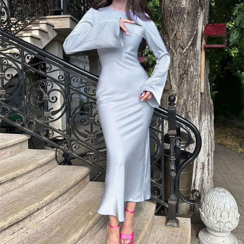 Women's Clothing Temperament Pure Color Long Sleeve Round Neck Waist Trimming Sheath French Dress - ANIBEY