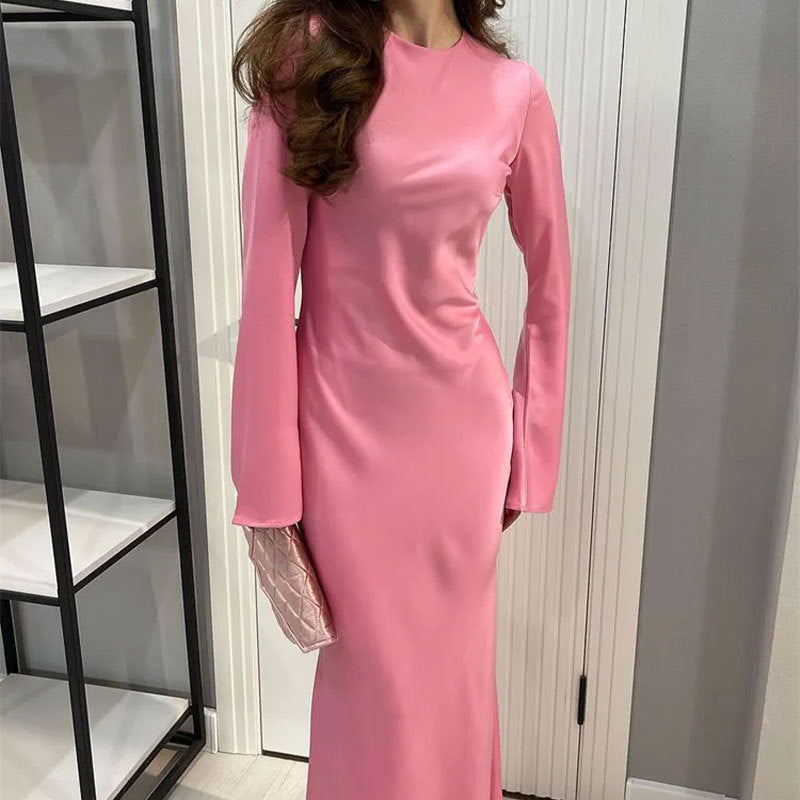 Women's Clothing Temperament Pure Color Long Sleeve Round Neck Waist Trimming Sheath French Dress - ANIBEY