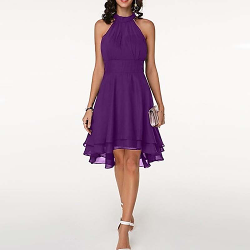 Women'S Fashion Sexy Solid Color Tailoring Layered Sleeveless Chiffon Party Evening Dress - ANIBEY